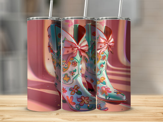 Cowboy boots with floral designs and bows, lined up.