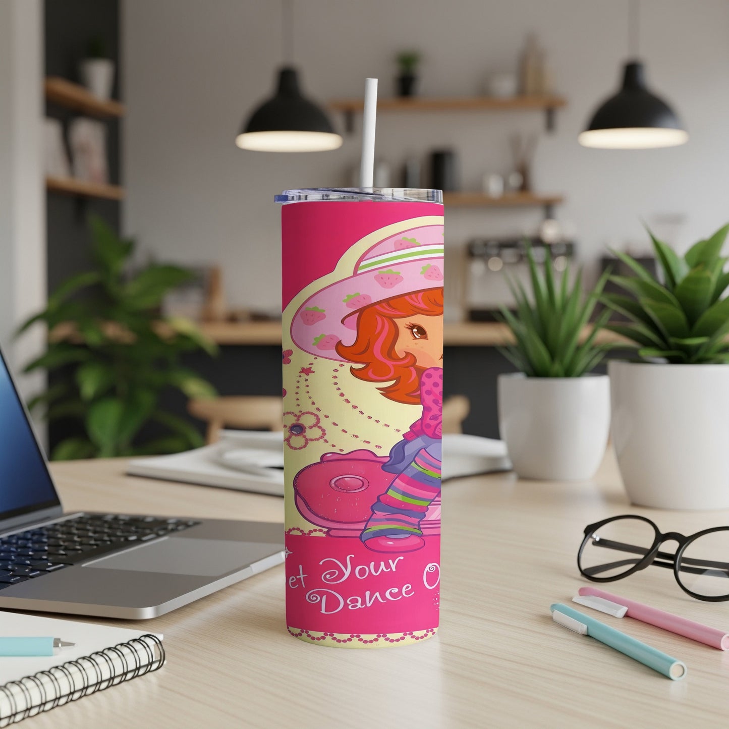Strawberry Shortcake on a pink tumbler with a straw, "Let Your Dance" text.