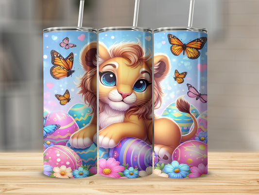 Cute cartoon lion surrounded by Easter eggs and butterflies.