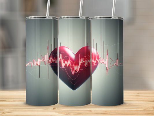 Heartbeat design on a silver tumbler with straws.