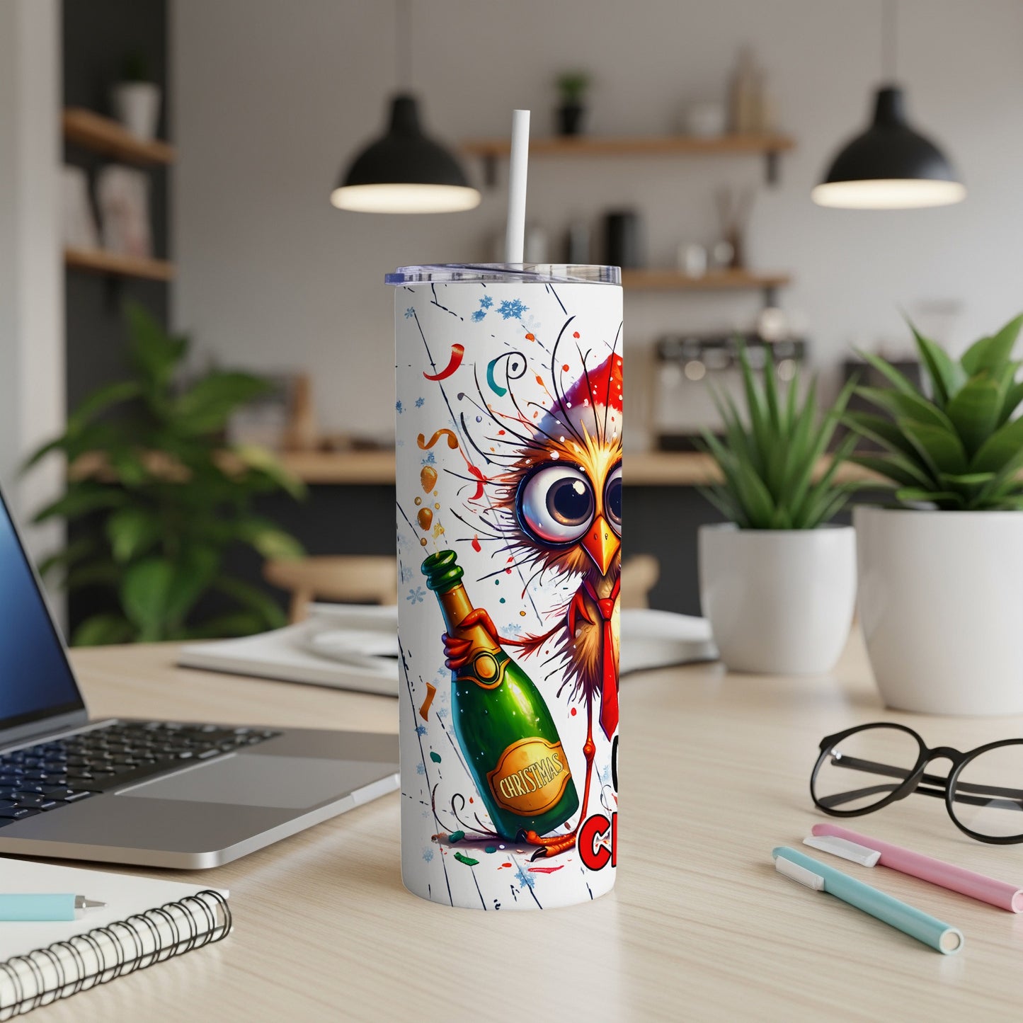 Funny cartoon turkey with champagne bottle and "Christmas" text on a white tumbler.