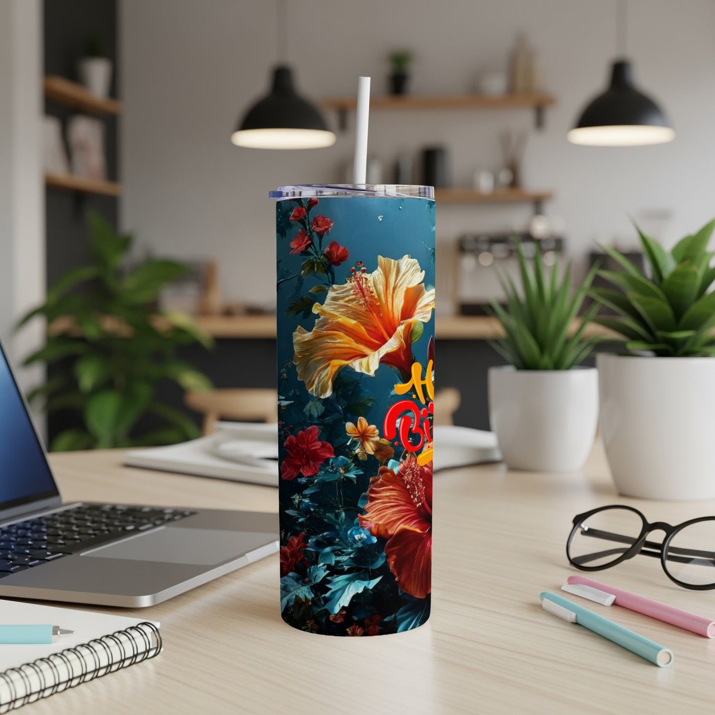 Tall tumbler with hibiscus flowers and "Happy" text.