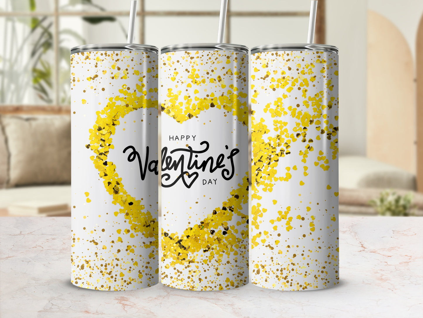 Happy Valentine's Day Yellow Confetti Tumbler Design