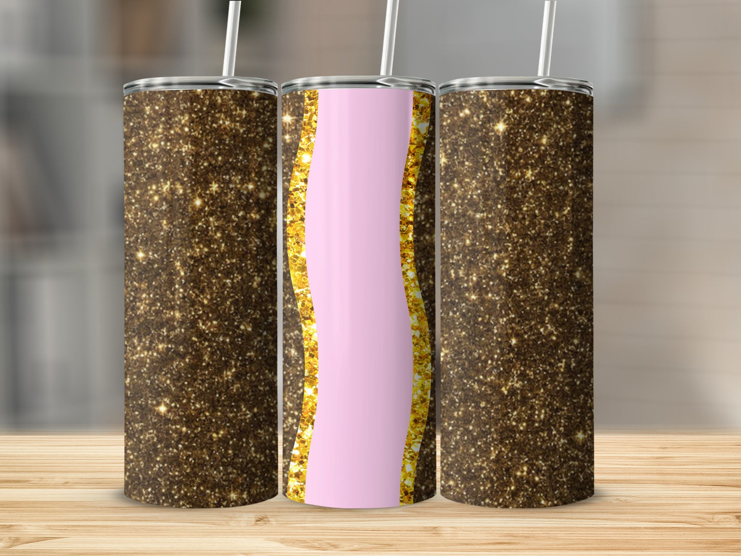 Three glitter tumblers with pink wavy stripe on the center tumbler.