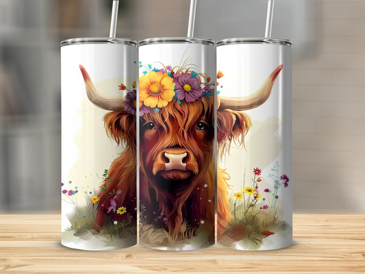 Highland cow with floral crown on three tumblers.