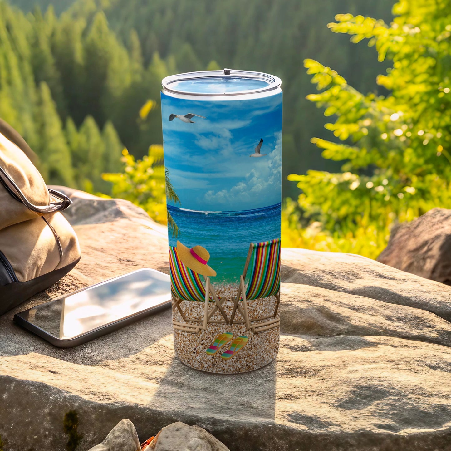 Beach scene with Adirondack chairs and flip-flops on a tumbler.
