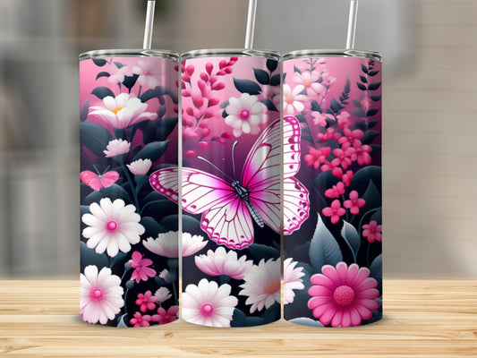 Three pink tumblers with butterflies and floral designs.