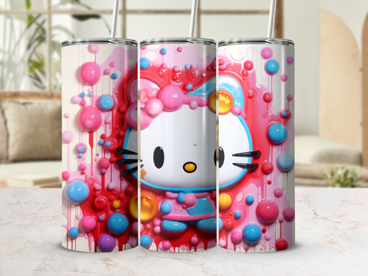 Vibrant Hello Kitty Themed Tumbler with Colorful Bubbles