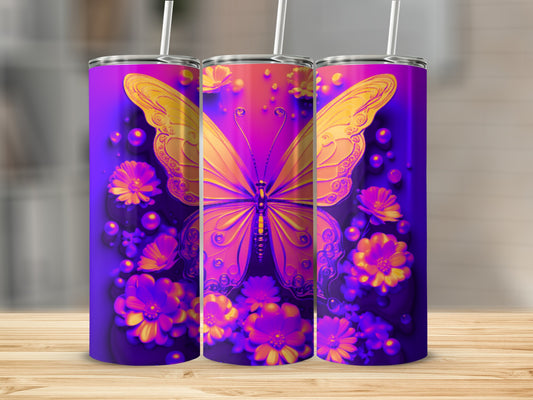 Purple tumbler with a glowing orange butterfly and vibrant floral accents.
