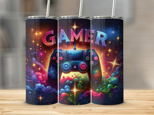 Gamer controller with colorful galaxy background and "GAMER" text.