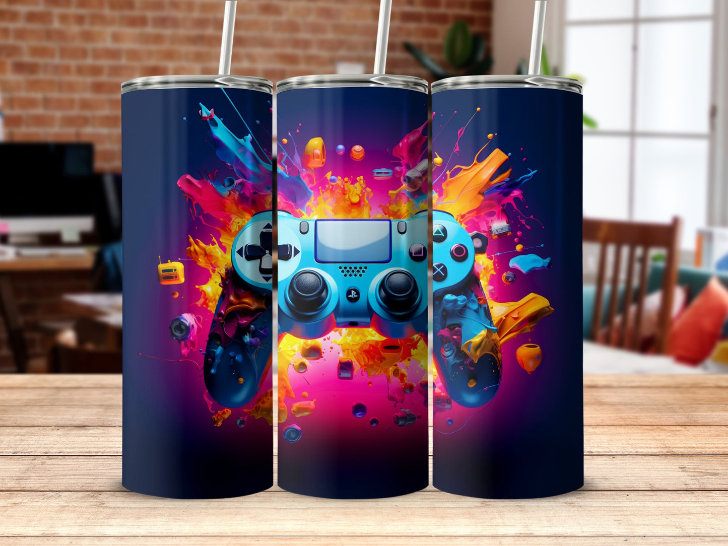 Vibrant Gaming Controller Art on Drink Tumblers