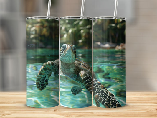 Sea turtle swimming in clear turquoise water, framed by tropical foliage.