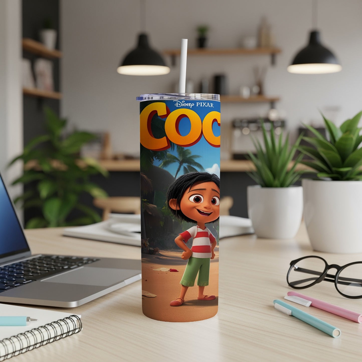 Child character from Disney Pixar's Coco on a tumbler with a white straw.