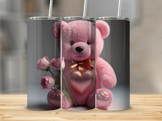 Cute Pink Teddy Bear with Roses Insulated Tumbler