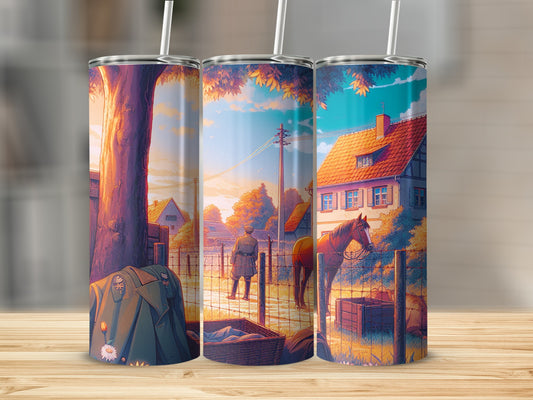 German village scene with a man and horse at sunset.