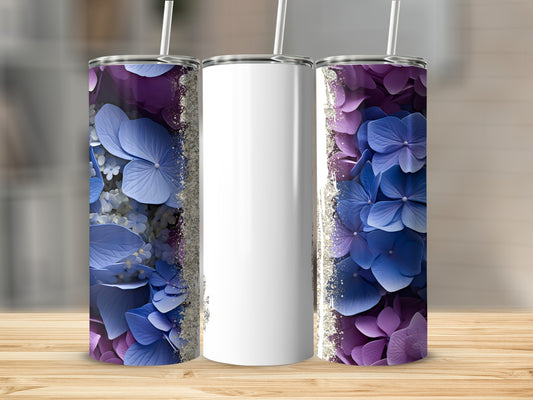 White tumbler with blue and purple hydrangeas and glitter accents.