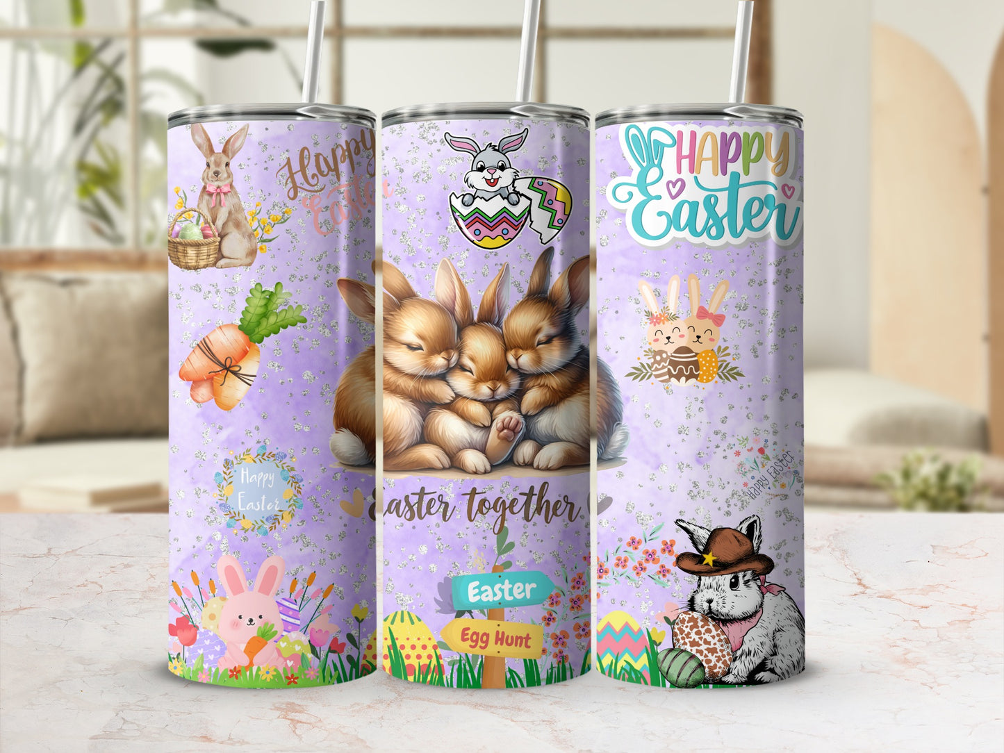 Cute Lavender Easter Bunny and Eggs Design Tumbler
