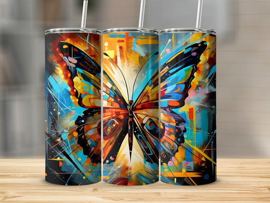 Abstract butterfly design on three cylindrical tumblers with straws.