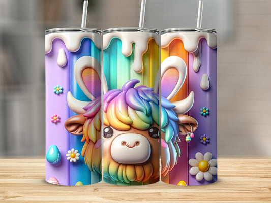 Three colorful Highland cows with rainbow hair, Easter eggs, and flowers on tumblers.