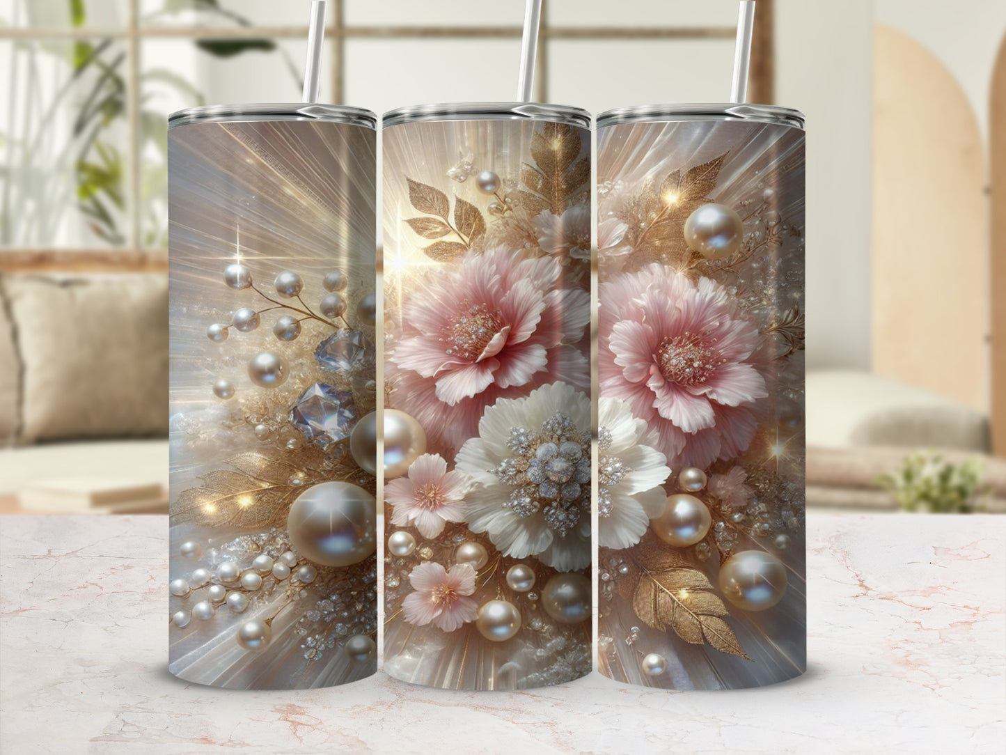 Elegant Floral and Pearl Design Insulated Tumbler Product