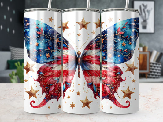 Butterfly design tumbler with stars and stripes pattern.