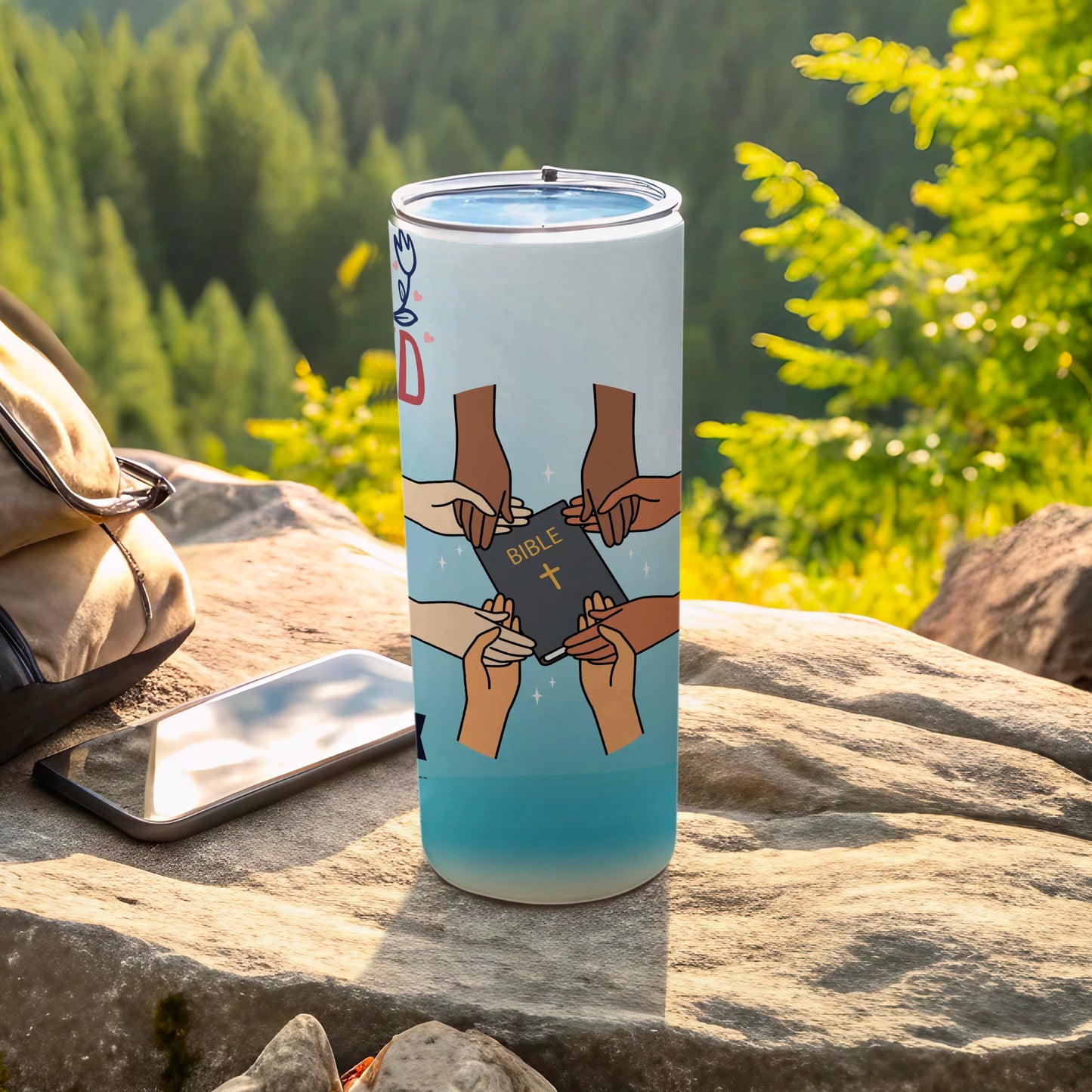 Inspirational Tumbler with Bible and Hands Illustration