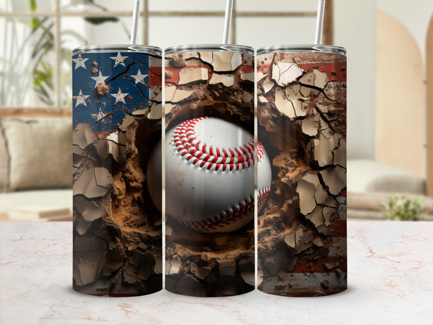 Cracked Wall with Baseball American Flag Tumbler