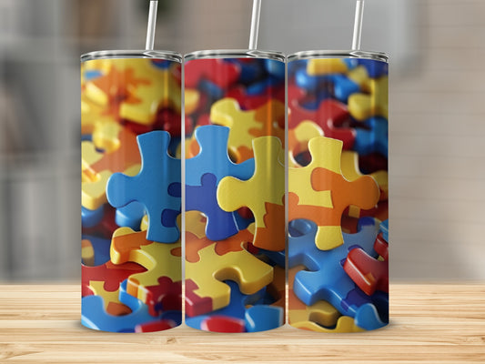 Triptych of colorful puzzle pieces in blues, yellows, and oranges.