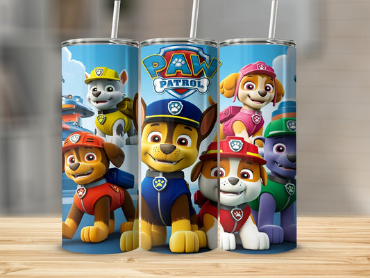 Paw Patrol characters Chase, Marshall, Skye, and Rubble on a blue tumbler.