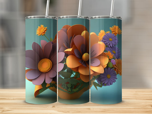 Three tumblers featuring a stylized floral bouquet in orange and purple.