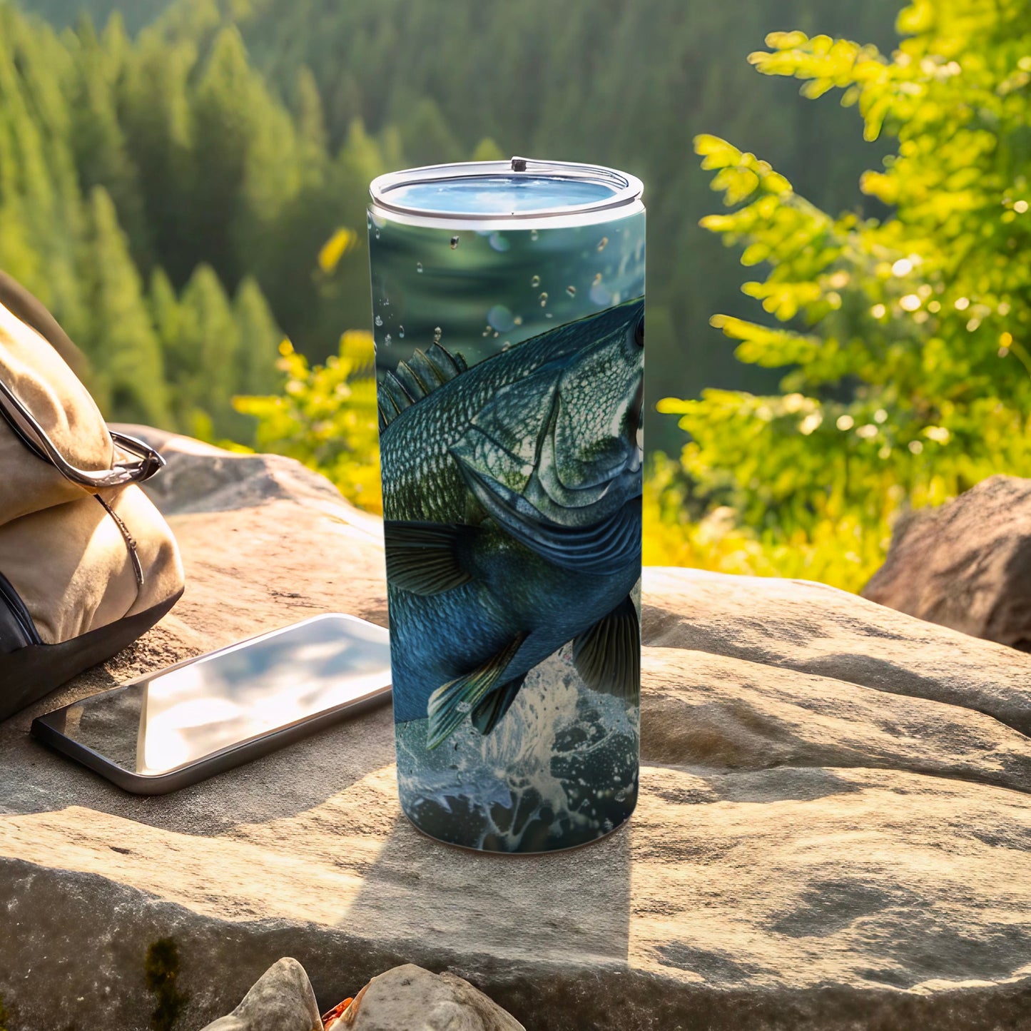 Close-up of a bass jumping out of water on a travel tumbler.