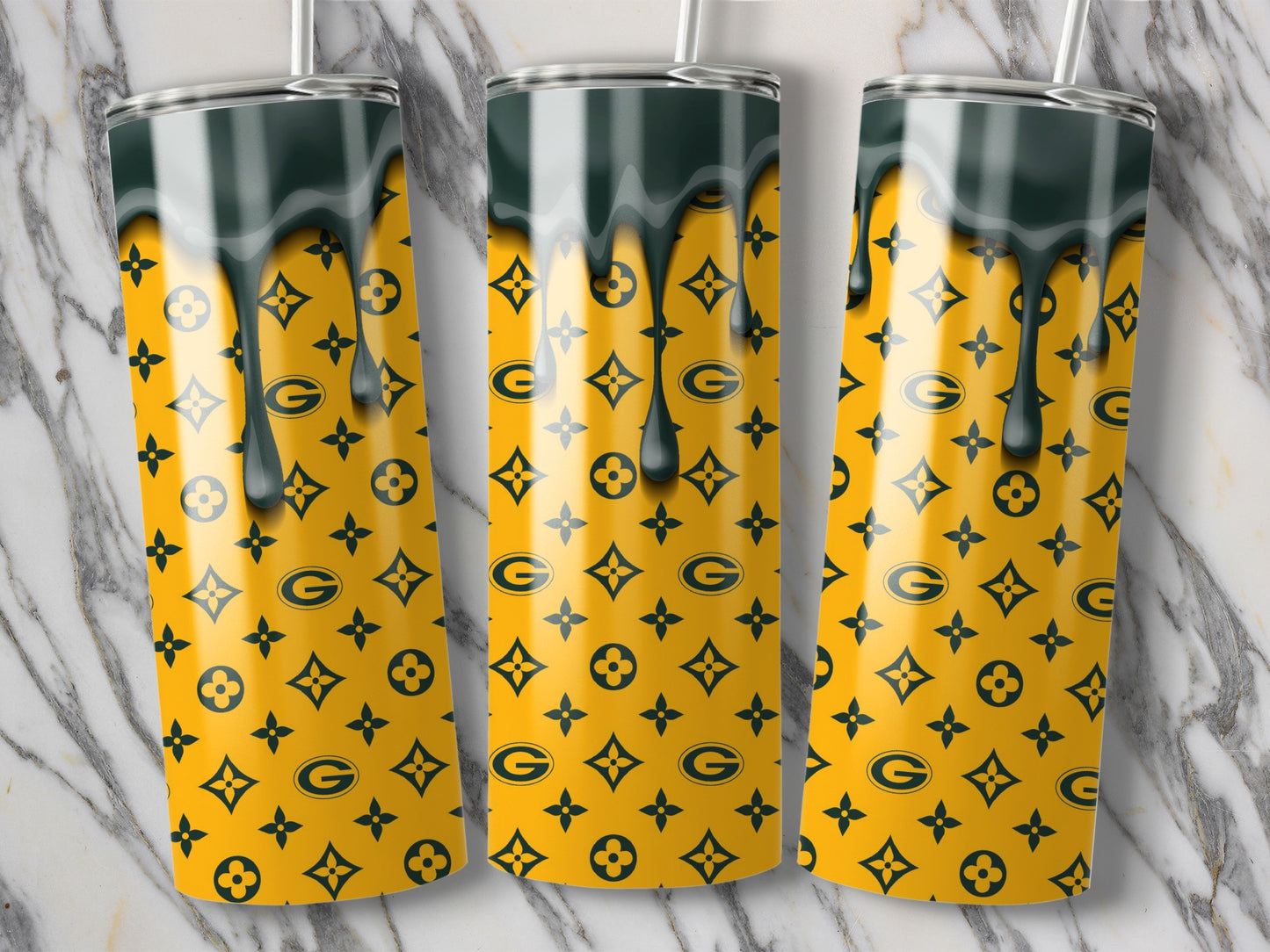 Green Bay Packers Emblem and Drip Over Yellow Background Tumblers