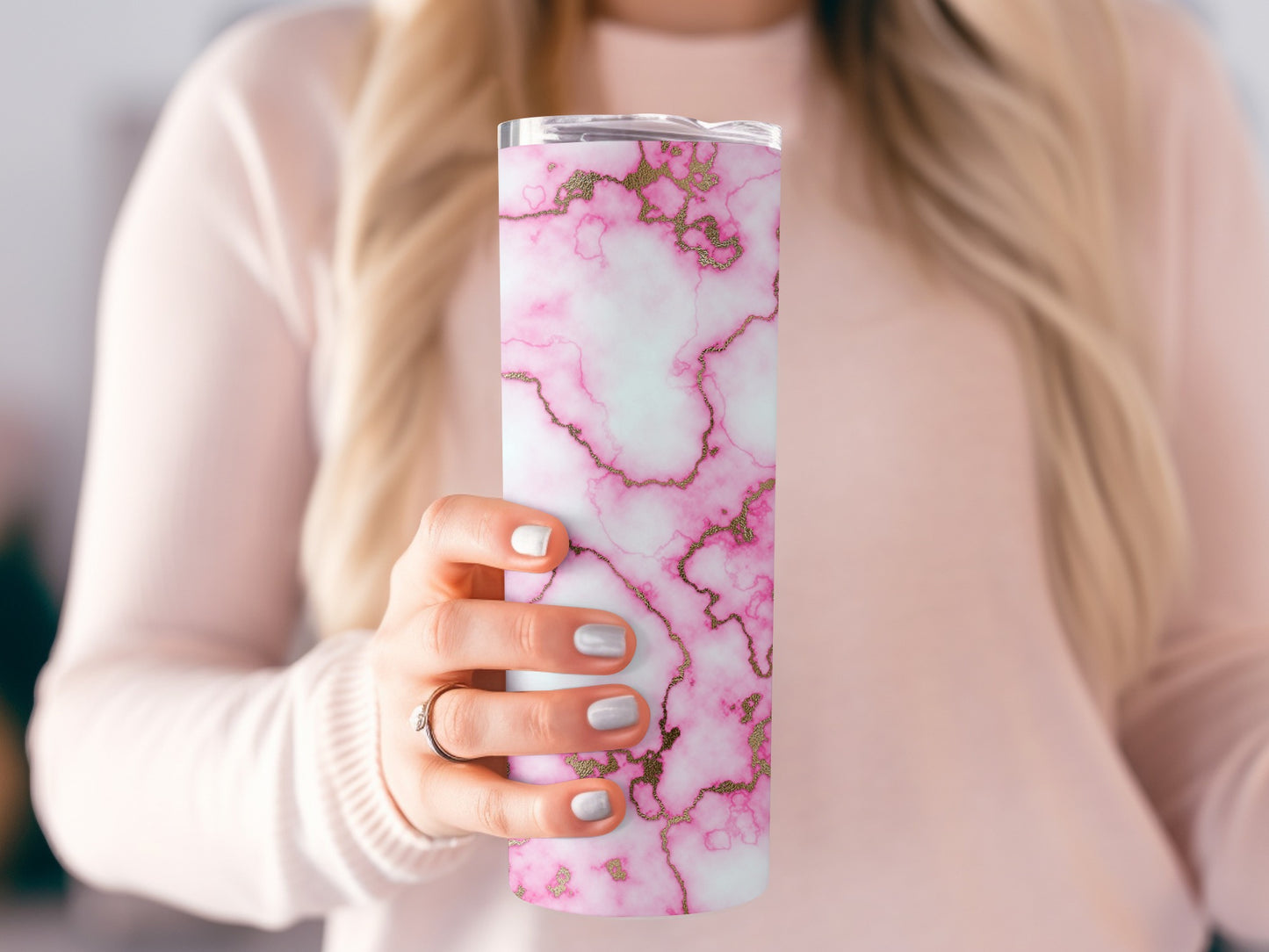 Pink Veins Gold Marble on White Texture Pattern Tumblers