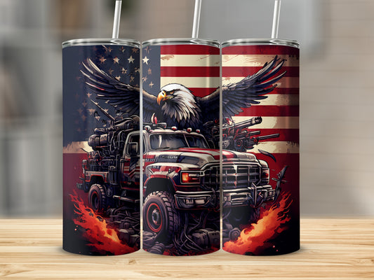 Patriotic truck with eagle, guns, and American flag artwork on tumblers.