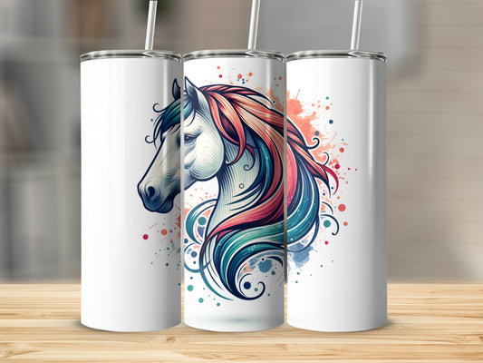 White tumblers with colorful abstract horse head illustration.