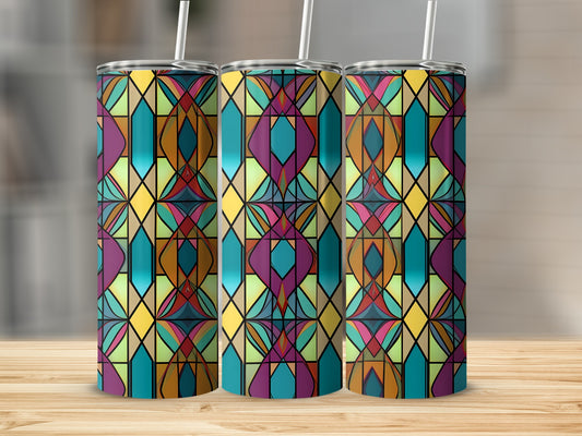 Three tumblers with a colorful stained glass geometric pattern.