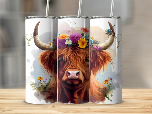 Highland cow with floral crown and butterfly on tumblers.