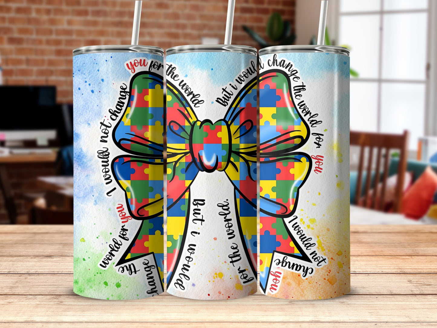 Autism Awareness Colorful Puzzle Bow Tumbler