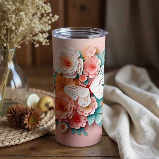 Elegant Floral and Butterfly Design Tumbler Cup