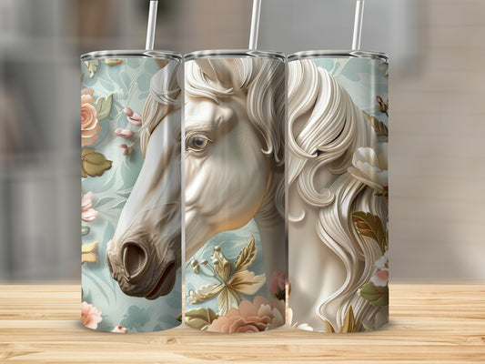 Three tumblers featuring a white horse head and floral designs.