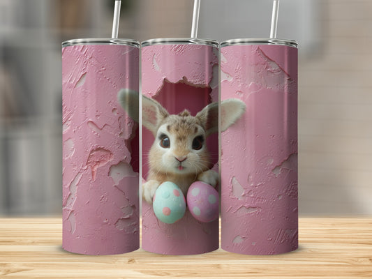 Bunny peeking through pink crack holding Easter eggs.