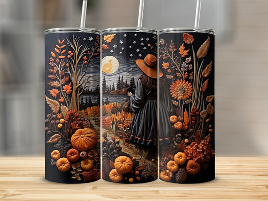 Three tumblers with a fall harvest witchy landscape design, featuring pumpkins, autumn leaves, and a moonlit night scene.