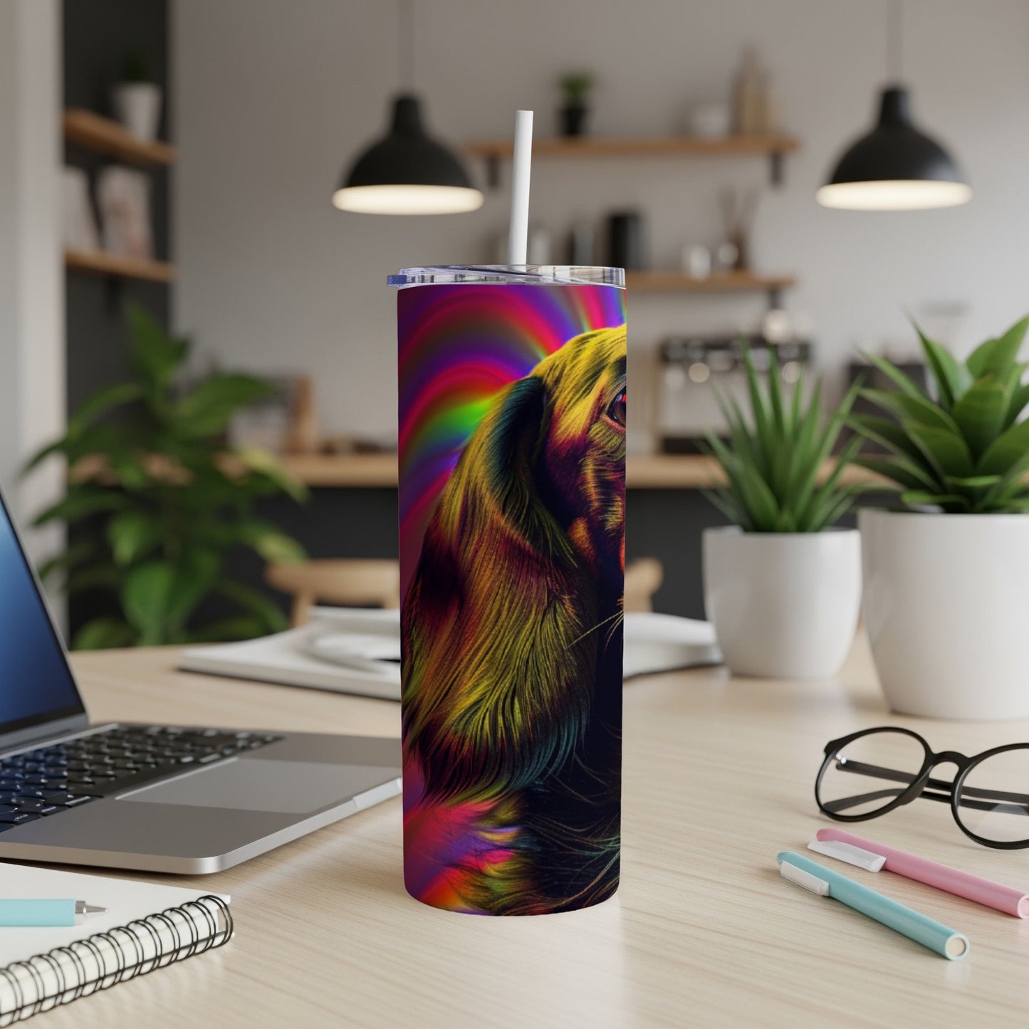 Tall tumbler with a vibrant, psychedelic dog portrait design.
