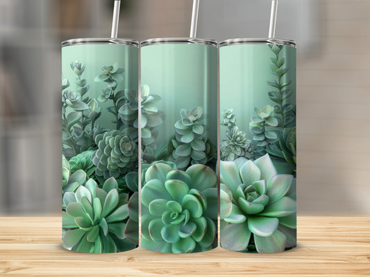 Three tumblers with a succulent plant design, arranged on a wooden surface.