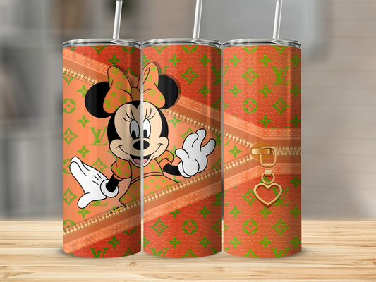 Minnie Mouse on an orange tumbler with gold zipper and LV-style pattern.