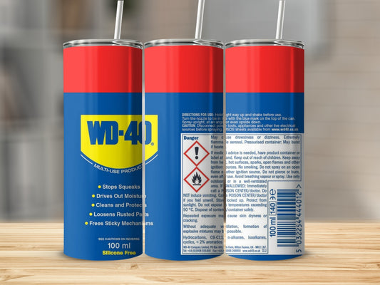 WD-40 multi-use product can with text describing uses and warnings.