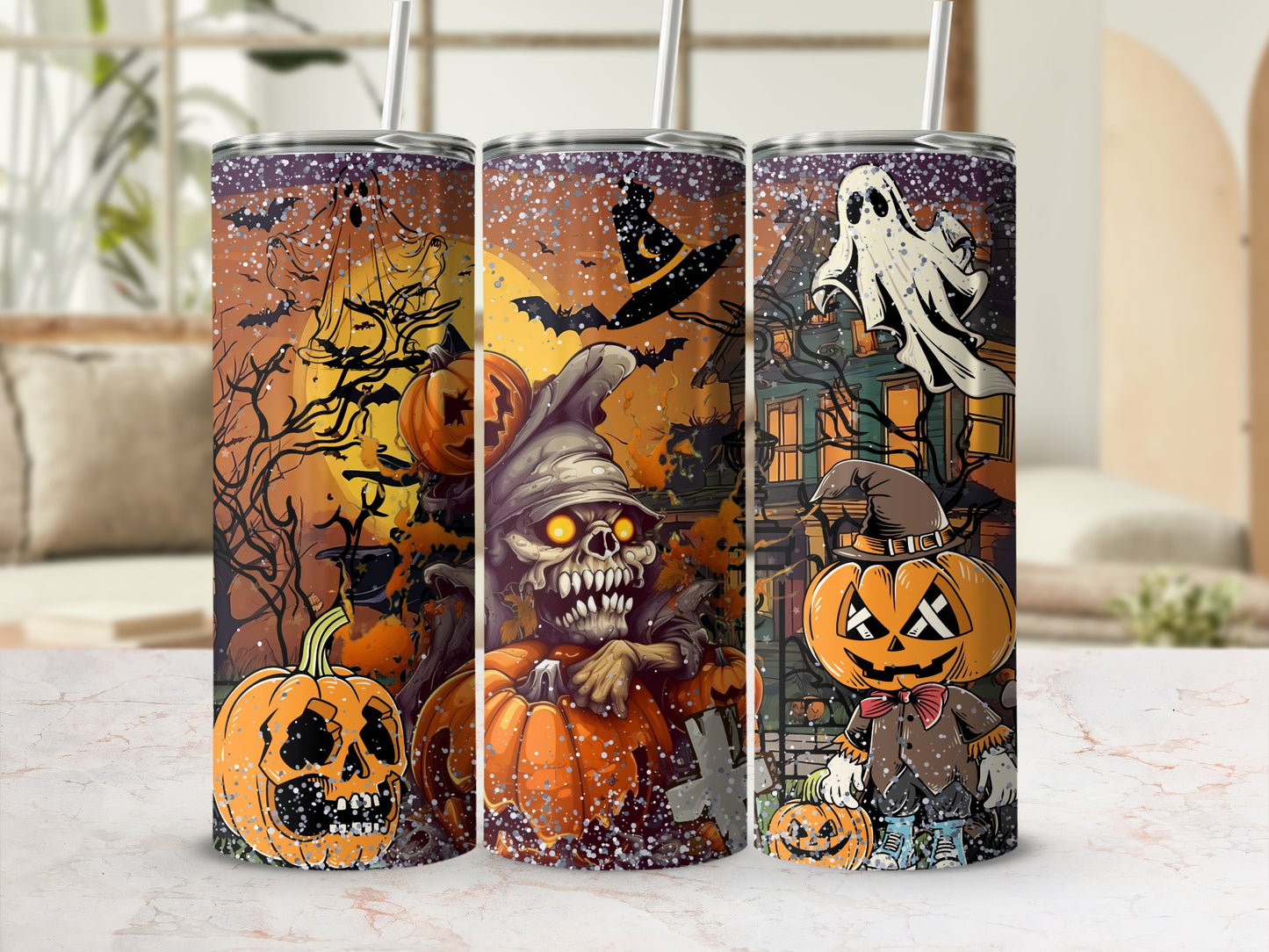 Spooky Halloween Themed Ghost Skeleton Pumpkin Tumblers