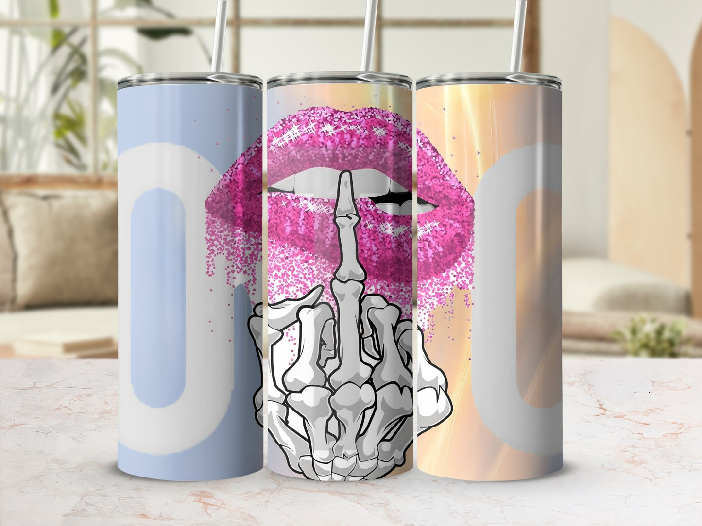 Pink Glitter Lips and Skeleton Graphic Tumbler