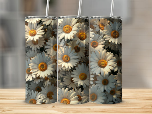 Three tumblers with a close-up daisy floral pattern.