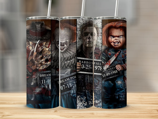 Tumblers featuring horror characters Freddy, Pennywise, Michael Myers, and Chucky.